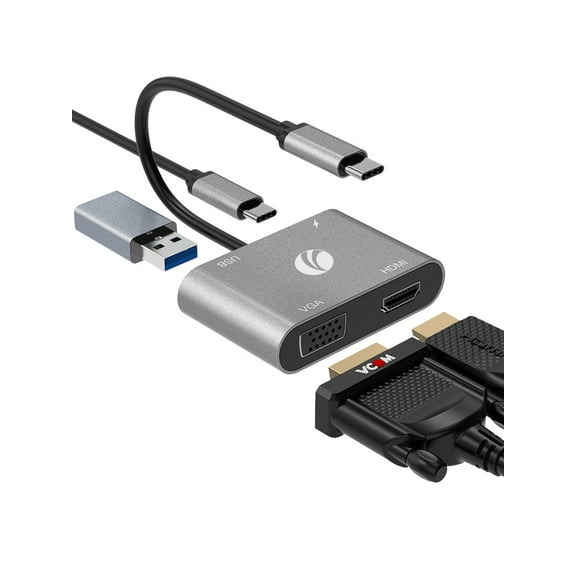 VCOM USB C to 4K@60Hz HDMI, 1080P VGA Adapter, USB C Hub with 100W PD Charging, USB 2.0, Support MST Function Compatible with MacBook Air, iPad Pro, Dell XPS, Surface, Samsung Galaxy, Nintendo Switch