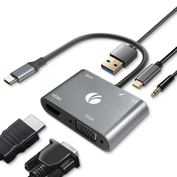 VCOM USB C Hub, 5-in-1 Type C to 4K HDMI 1080P VGA Adapter with USB 3.0, Audio, 100W PD Charging, Compatible with Thunderbolt 3/4 Port, MacBook Air, iPad Pro, Dell XPS, Surface Pro, Samsung Galaxy
