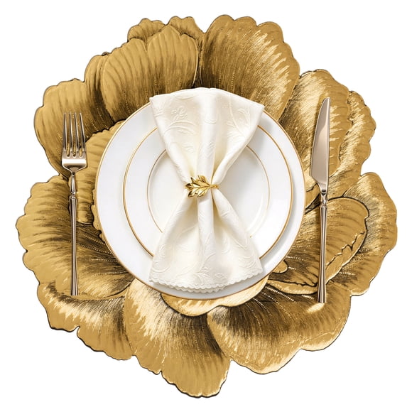 VCVCOO 15 Inch Round Placemats Set of 4, Gold 3D Hibiscus PVC Table Mats, Non-Slip, Heat & Stain Resistant, Waterproof Wipe Clean Dining Place Mats