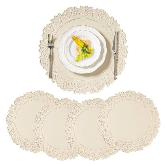 VCVCOO 15 inch Faux Leather Round Placemats Set of 4, Non-Slip Washable Wipeable Table Mats, Heat Resistant Waterproof Oilproof Place Mats for Kitchen, Dining, Party, Indoor, Outdoor Beige
