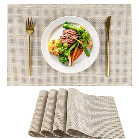 VCVCOO Beige Placemats Set of 4 - Heat Resistant Non-Slip Place mats for Dining Table, Washable Durable PVC Vinyl Woven Table Mats