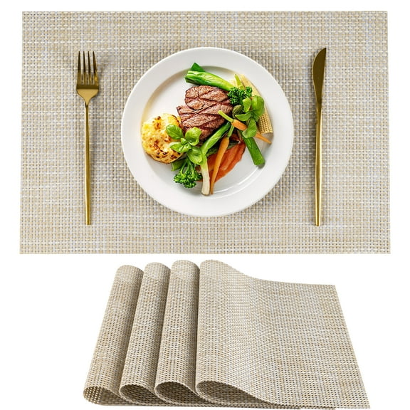VCVCOO Beige Placemats Set of 4 - Heat Resistant Non-Slip Place mats for Dining Table, Washable Durable PVC Vinyl Woven Table Mats