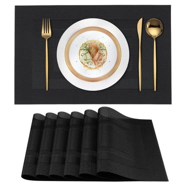 VCVCOO Black Placemats Set of 6 Washable Woven Vinyl Placemats, Easy to Clean Wipeable Plastic Dining Table Mats 12x18 inch