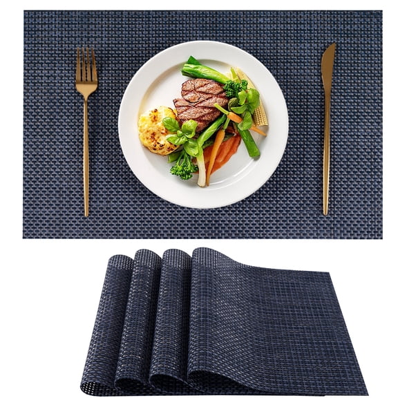VCVCOO Blue Placemats Set of 4 - Washable Plastic/Vinyl Woven Placemats - Wipeable Heat Resistant Table Mats for Dining Table