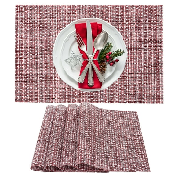 VCVCOO Christmas Placemats Set of 4,Washable Durable Vinyl Woven Table Mats,Elegant Heat Resistant Placemat for Kitchen Dining Table Red