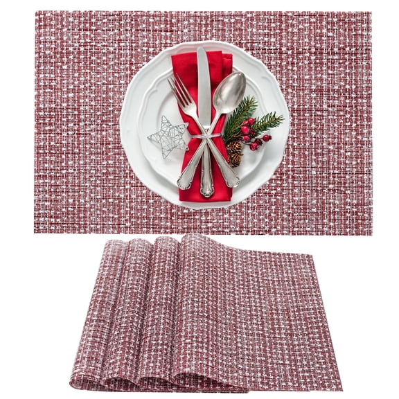 VCVCOO Christmas Placemats Set of 4,Washable Durable Vinyl Woven Table Mats,Elegant Heat Resistant Placemat for Kitchen Dining Table Red
