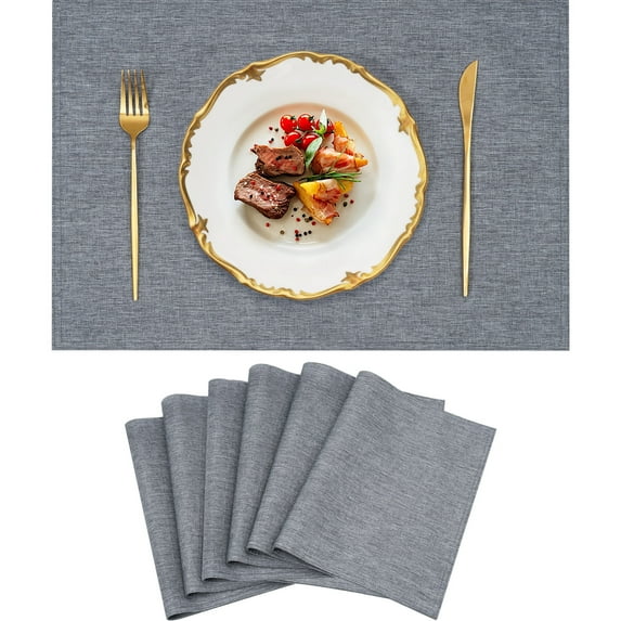 VCVCOO Reversible Farmhouse Rustic Cloth Placemats Set of 6, Linen Fabric, Machine Washable, Heat Resistant, Gray