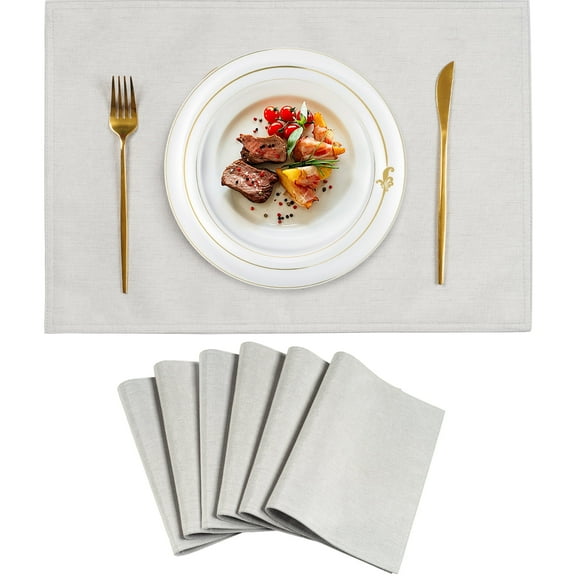 VCVCOO Cloth Placemats Set of 6, Machine Washable Durable Linen Table Mats, Heat Resistant Fabric Placemats Wrinkle Free Place Mats for Dining Table, Light Gray