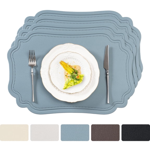 VCVCOO Faux Leather Placemats Heat Resistant Waterproof Washable Stain Resistant Anti-Slip Table Mats Set of 4, 12 x 18 Inch Blue