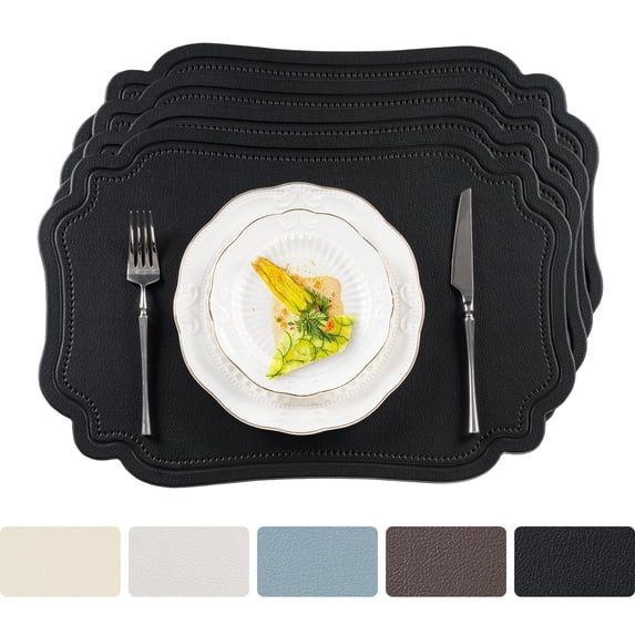 VCVCOO Heat Resistant Leather Placemats Set of 4 Waterproof Wipeable Washable PU Table Mats, Easy to Clean Anti-Slip Place Mats for Kitchen Dining 12x18 inch, Black