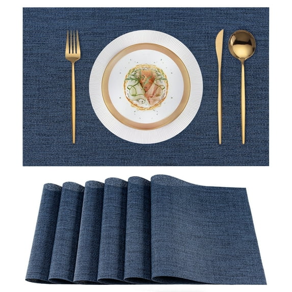VCVCOO Navy Placemats Set of 6, Washable Vinyl Woven Table Mats, Blue Elegant Wipeable Placemats for Dining Table, 12x18 inch