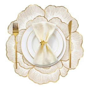 VCVCOO Placemats Set of 4, Round Rose Flowers Placemats for Kitchen Dining Table, Pressed Vinyl PVC Table Mats for Holiday Party Wedding Centerpiece Gold
