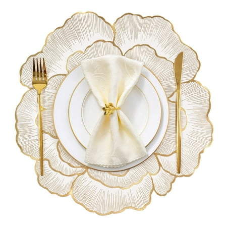 VCVCOO Placemats Set of 4, Round Rose Flowers Placemats for Kitchen Dining Table, Pressed Vinyl PVC Table Mats for Holiday Party Wedding Centerpiece Gold