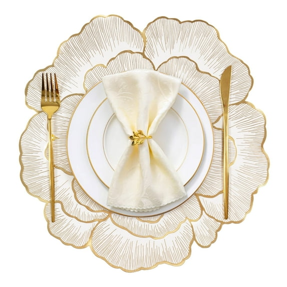 VCVCOO Placemats Set of 4, Round Rose Flowers Placemats for Kitchen Dining Table, Pressed Vinyl PVC Table Mats for Holiday Party Wedding Centerpiece Gold