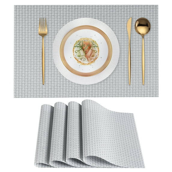 VCVCOO Placemats Set of 4 - Heat Resistant Non-Slip Placemats for Dining Table, Washable Wipeable PVC Vinyl Woven Table Mats Gray White