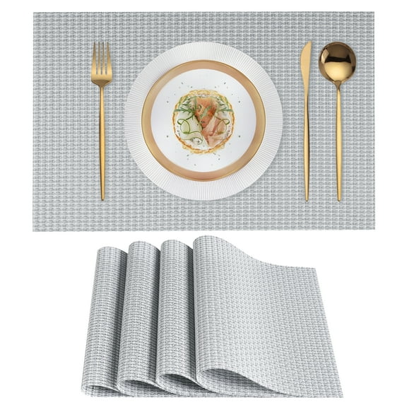 VCVCOO Placemats Set of 4 - Heat Resistant Non-Slip Placemats for Dining Table, Washable Wipeable PVC Vinyl Woven Table Mats Gray White