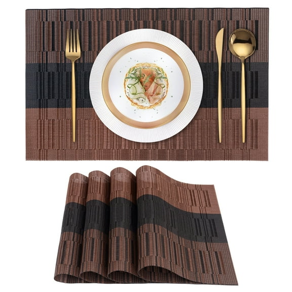 VCVCOO Placemats Set of 4, PVC Washable Non-Slip Dining Place Mats, Heat Resistant Vinyl Woven Table Mats Brown Stripe,12x18 inch