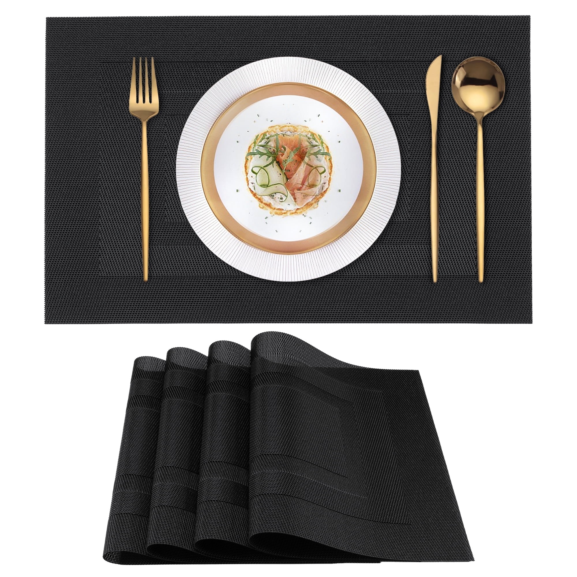 VCVCOO Placemats Set of 4, Wipeable Washable Vinyl Woven Table Mats, Elegant Durable Placemats for Dining Table, 12x18 inch Black