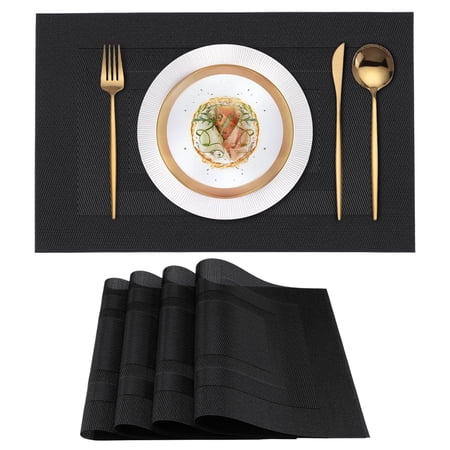 VCVCOO Placemats Set of 4, Wipeable Washable Vinyl Woven Table Mats, Elegant Durable Placemats for Dining Table, 12x18 inch Black
