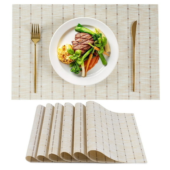 VCVCOO Placemats Set of 6 Plastic Woven Place Mats for Kitchen Table Indoor/Outdoor Washable Placemat Wipeable Dining Table Mats Beige