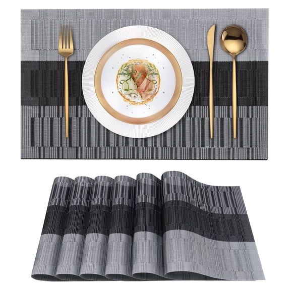 VCVCOO Placemats Set of 6 - Wipeable Heat Resistant Non-Slip Place Mats for Indoor/Outdoor Dining, Washable PVC Vinyl Woven Table Mats Grey Stripe