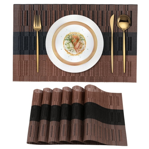 VCVCOO Placemats Set of 6, Wipeable Vinyl Plastic Woven Placemat, Washable Place Mats Durable Kitchen Dining Table Mats Brown Stripe, 12x18 inch