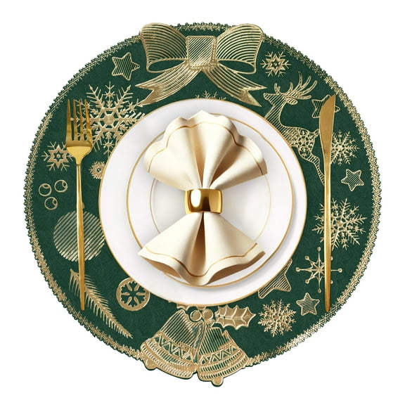 VCVCOO Round Christmas Placemats Set of 4 Green Vinyl Table Mats Heat Resistant Non Slip Xmas Place Mats for Dinning Table Wedding Party Thanksgiving Decorations