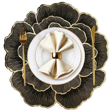 VCVCOO Round Placemats Set of 4, Black Gold Rose Floral Placemats, 15" Washable Wipeable Metallic Pressed Table Mats for Kitchen Dining Wedding Party