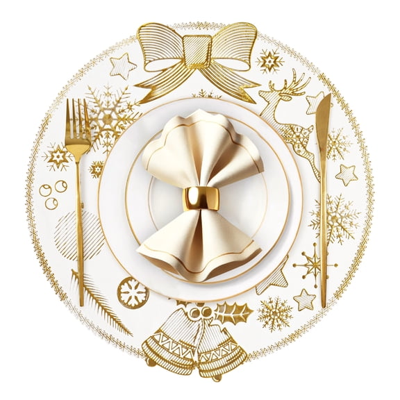 VCVCOO Round Placemats Set of 4 Christmas Table Mats for Dining Tables 15 inch Washable Vinyl Xmas Table Place Mats for Home Party Gold