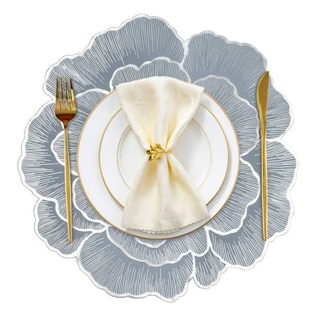 VCVCOO Round Placemats Set of 4, Pressed Vinyl PVC Washable Wipeable Table Mats, Rose Flower Table Placemats for Holiday Wedding Centerpiece,Blue