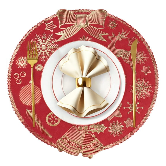 VCVCOO Round Placemats Set of 4 Red Christmas Table Mats for Dining Tables Washable Non-Slip Elk Xmas Place Mats 15 inch