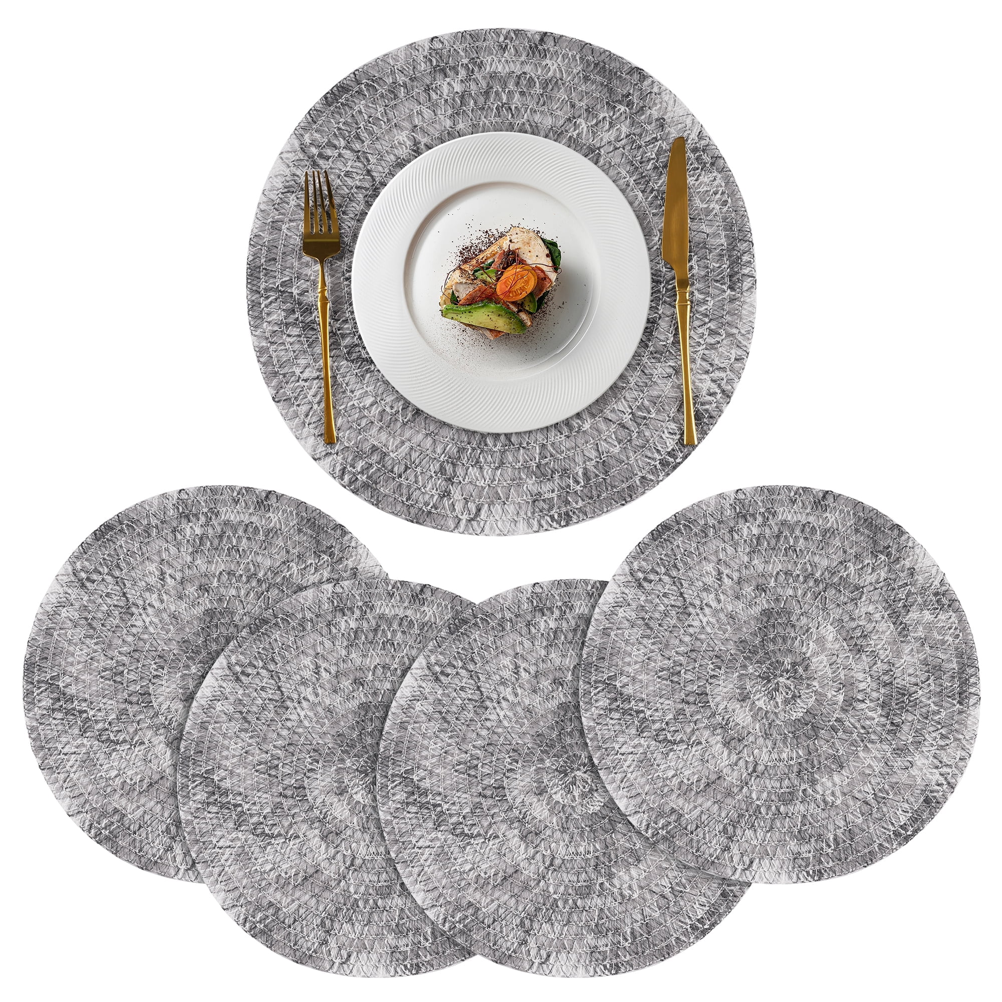 VCVCOO Set of 4 Placemat Round Braided Placemats 15 inch Table Mats for Dining Table Gray Woven Heat Resistant Place Mats