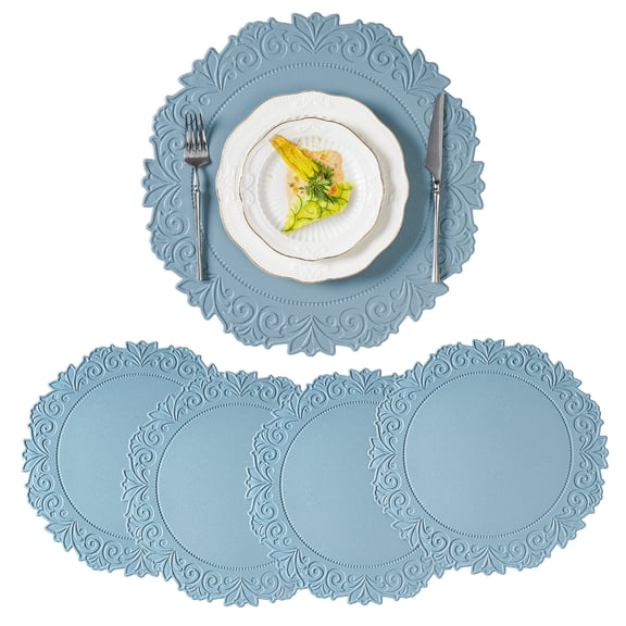 VCVCOO Vinyl Placemats Set of 4 15 inch Blue Faux Leather 100% Waterproof Oil-Proof Wipeable PU Place Mats, Heat Resistant Reversible Table Mats for Kitchen Dining