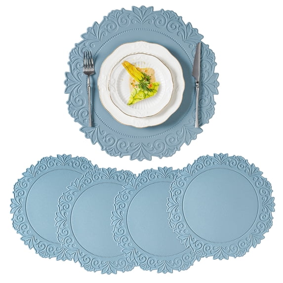 VCVCOO Vinyl Placemats Set of 4 15 inch Blue Faux Leather 100% Waterproof Oil-Proof Wipeable PU Place Mats, Heat Resistant Reversible Table Mats for Kitchen Dining