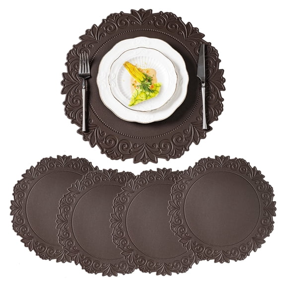 VCVCOO Vinyl Waterproof Placemats Set of 4, Round PU Table Mats, Stain Resistant, Heat Resistant Non-Slip Easy to Clean Placemat for Kitchen Dining Table, Conference Table