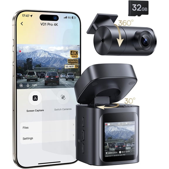 VD1 Pro Solar Dash Cam Front and Rear, 4K+1080P Dash Camera for , Parking Mode, Starvis Night Vision, 32 GB Card Included, 5GHz WiFi, GPS, Wide Angle,Voice Control