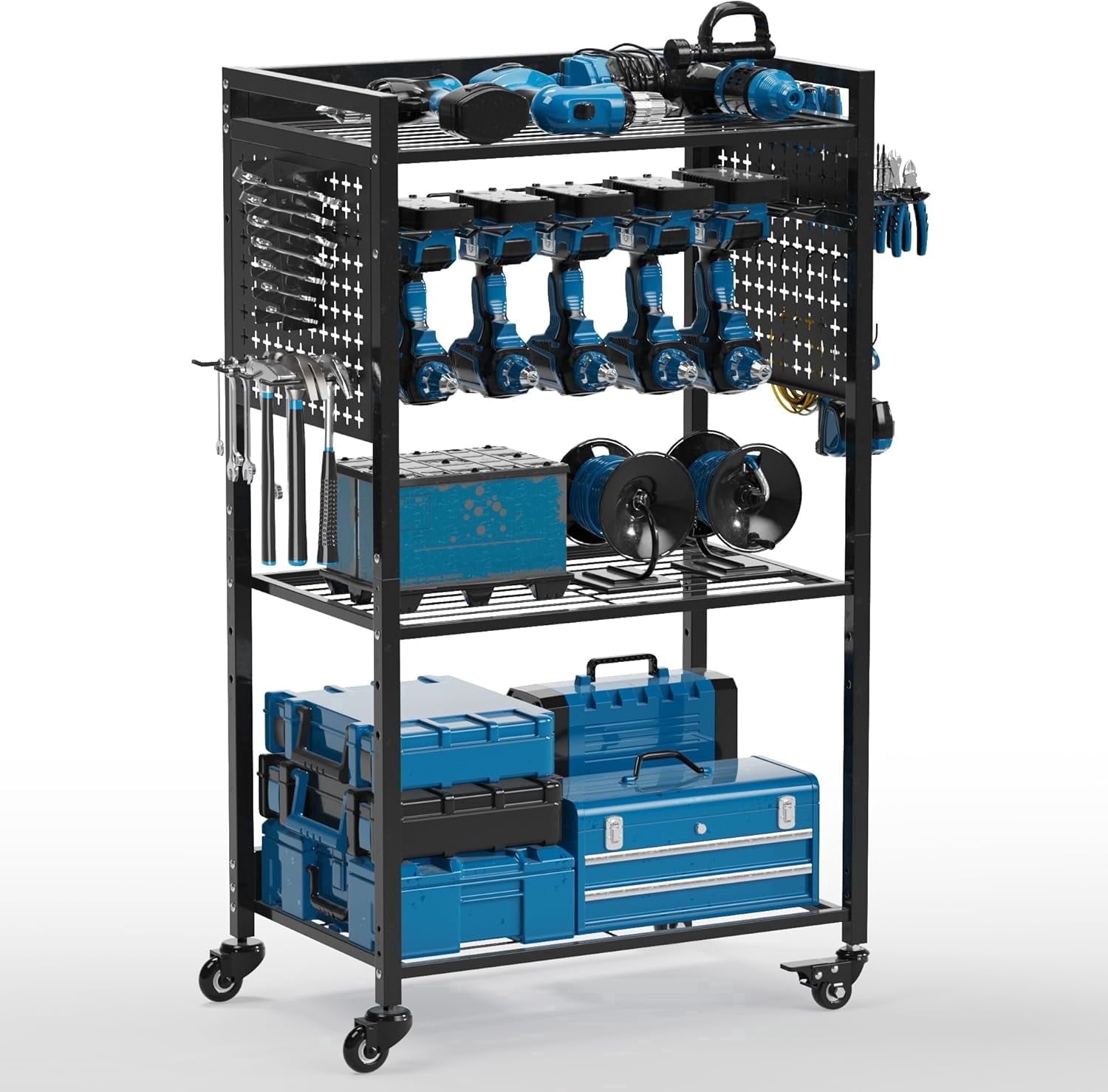 VDEVY Large Power Tool Organizer Cart with Lockable Wheels | 4-Tier Organizer for Power Tools & Garage Storage, Mechanic Cart, Gift for Men, Dad, Husband