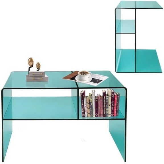 VDGPWA 24” 2-Tier Storage Rectangle All Acrylic Thick Waterfall Coffee Table, Green