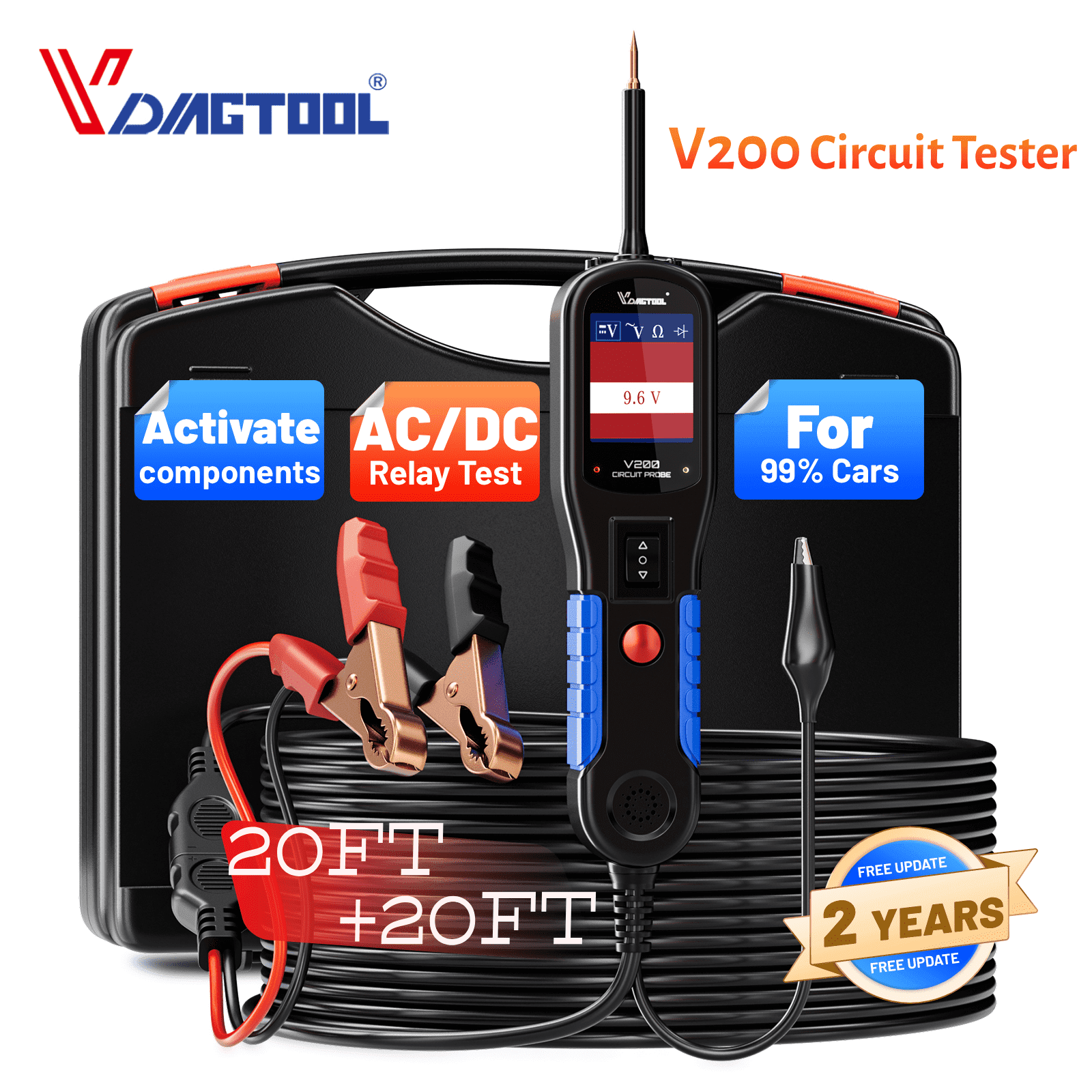 VDIAGTOOL Automotive Power Probe Circuit Tester, 12V/24V Fuse Tester Kit, Electrical Relay Tester Diagnostic Tool with AC/DC Voltage, Resistance, Diode Test, 20+20Ft Cable Blue