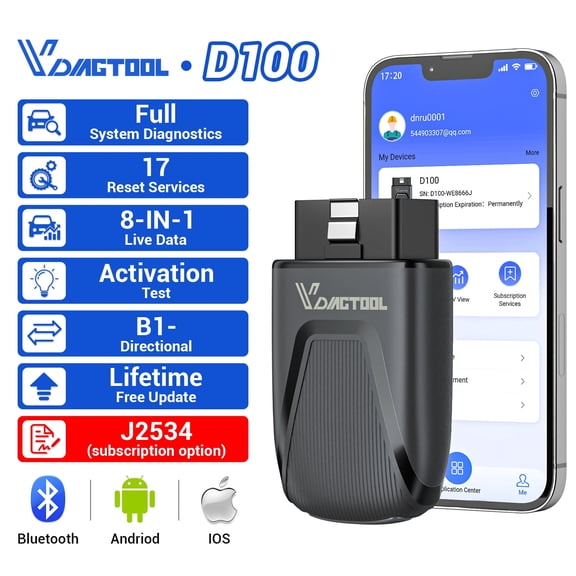 VDIAGTOOL D100 OBD2 Scanner Bluetooth, 2026 Bidirectional Scan Tool, 17+ Resets (Can Unlock 49+Resets), All System Diagnostic Scanner for All Vehicles, Free Updates