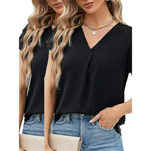 VDJ 2-Pack T Shirts for Women Short Sleeve Business Casual Tops Elegant Black Dressy Blouse in 2025 Summer Tee Size L