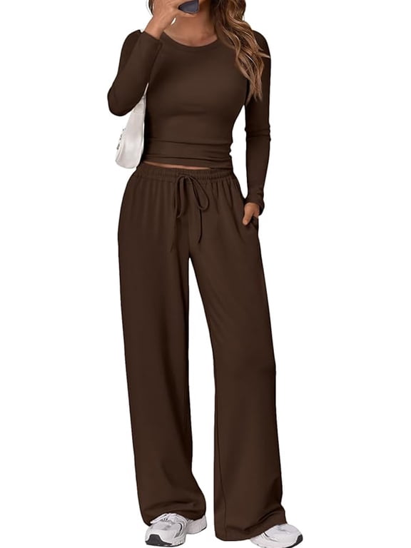 2 Piece Matching Sets for Women Long Sleeve Crop Top Wide Leg Tracksuit Comfy Loungewear Fashion Sweatsuit S-2XL