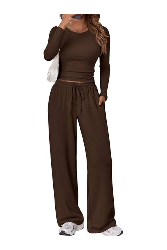 2 Piece Matching Sets for Women Long Sleeve Crop Top Wide Leg Tracksuit Comfy Loungewear Fashion Sweatsuit S-2XL