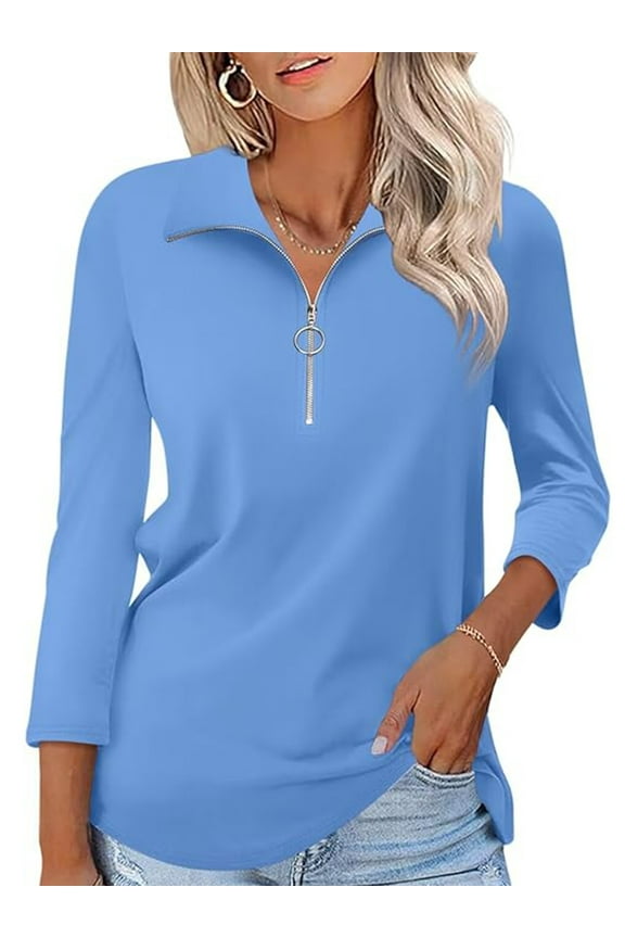 3/4 Sleeve Shirts for Women Half Zip Collared Tops Summer Fall Collar Polo Shirts Sky Blue Soft Basics Tees Size XL