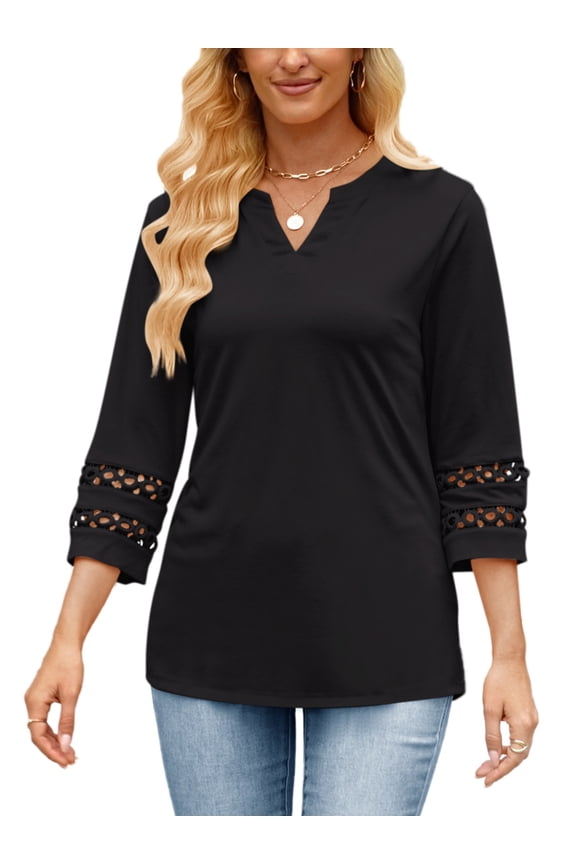 3/4 Sleeve Women Tops Henley V Neck Summer Trendy Blouses Dressy Casual Coral Tshirts Tunic Clothing Size XL