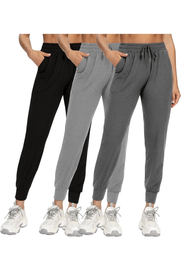 3 Packs Womens Jogger Elastic Waisted Drawstring Athletic Pants Casual Fit Lounge Pants Jogging ith Pockets Size XL