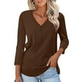 thumbnail image 1 of VDJ Blouses for Women Dressy Casual Summer 3/4 Sleeve Solid T Shirts Trendy Button Tunics Brown Going Out Tops Size L, 1 of 8
