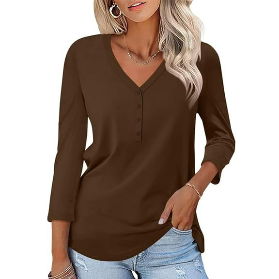 VDJ Blouses for Women Dressy Casual Summer 3/4 Sleeve Solid T Shirts Trendy Button Tunics Brown Going Out Tops Size L