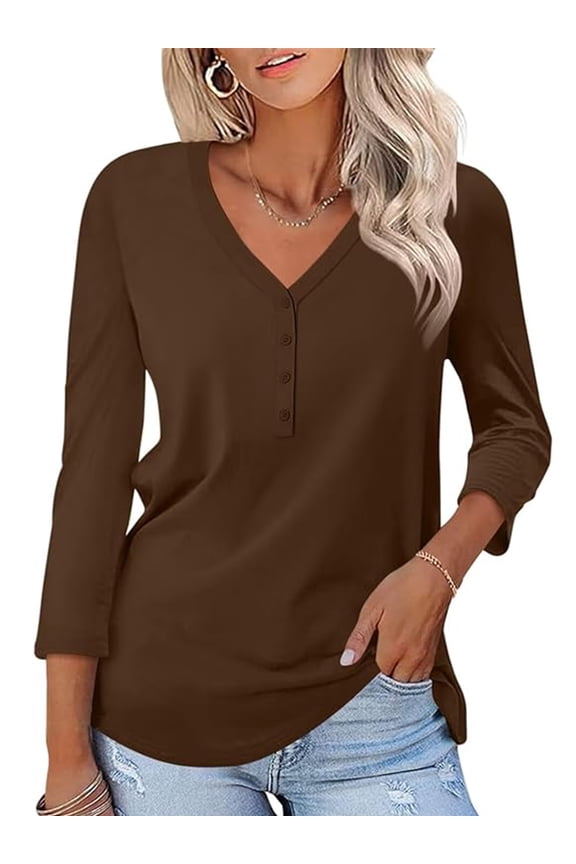 Blouses for Women Dressy Casual Summer 3/4 Sleeve Solid T Shirts Trendy Button Tunics Brown Going Out Tops Size XL