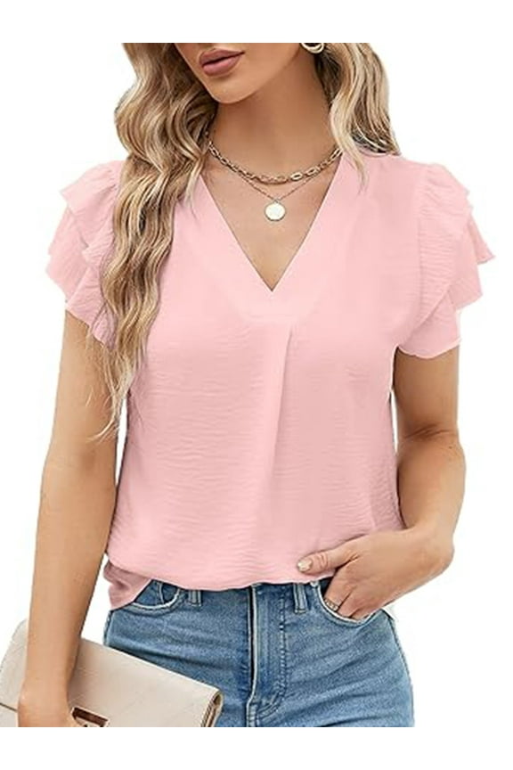 Blouses for Women Summer Ruffle Short Sleeve V Neck Dressy Work Shirts Fashion Cute Pink Tunic Tops for Lady Size S